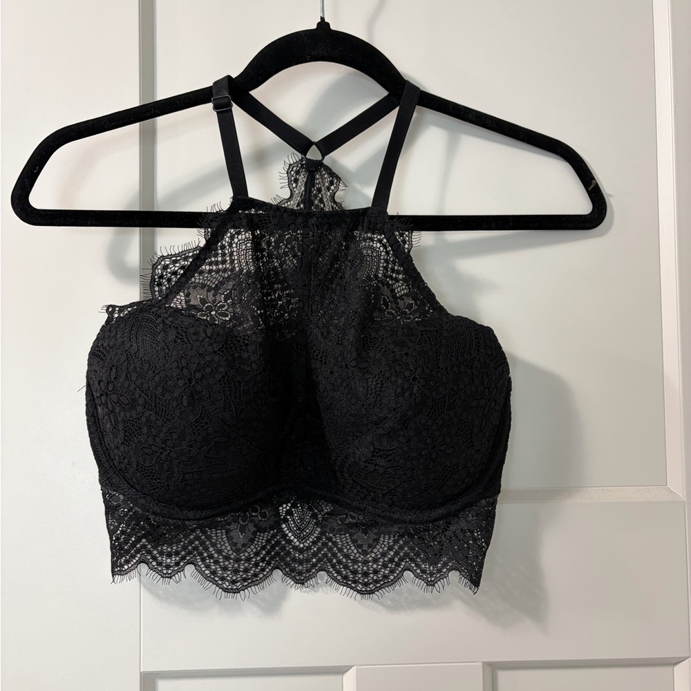 PINK Victoria's Secret Black Lace High-Neck Bralette with Scalloped Hem. Size S